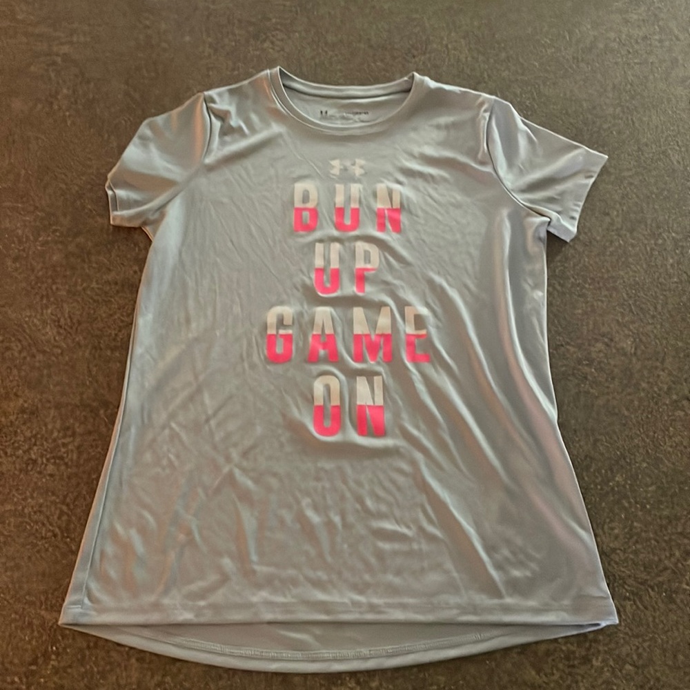 Under Armor Tee, No stains, not well worn, context is BUN UP GAME ON.